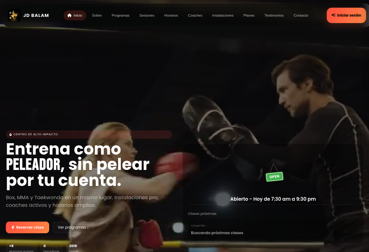 Página principal de la academia de combate JD Balam