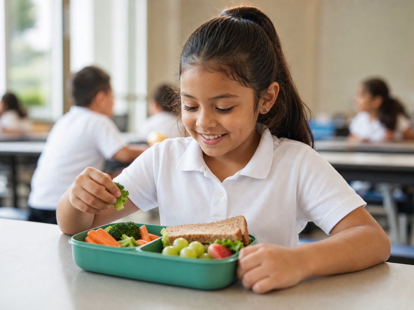 Alumna disfrutando un lunch saludable en su escuela